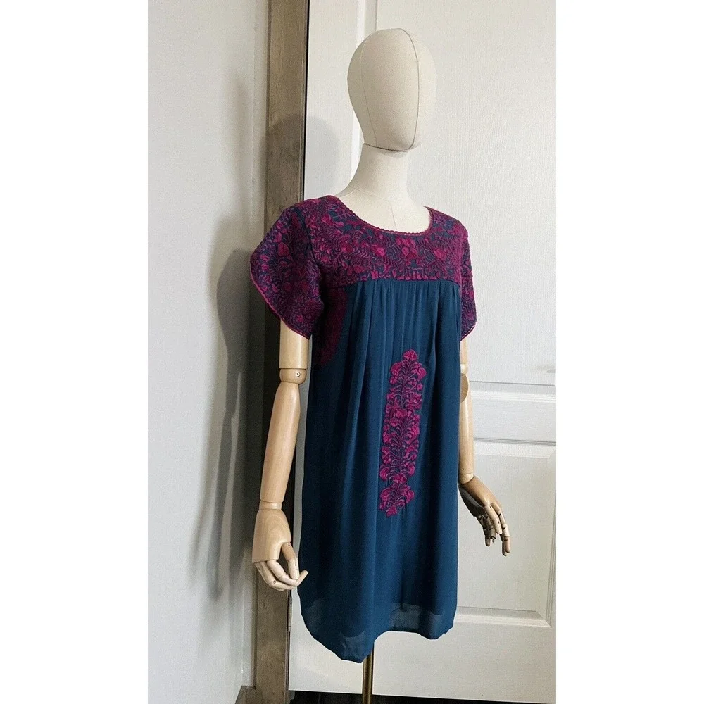 BuddyLove Buddy Love Embroidered Carolina Dress Navy Magenta Rayon Boho Size XS - Picture 8 of 16